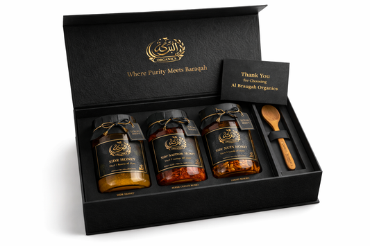 Al Baraqah Sidr Honey Box Includes: Sidr Honey, Sidr Saffron Honey, Sidr Nuts Honey
