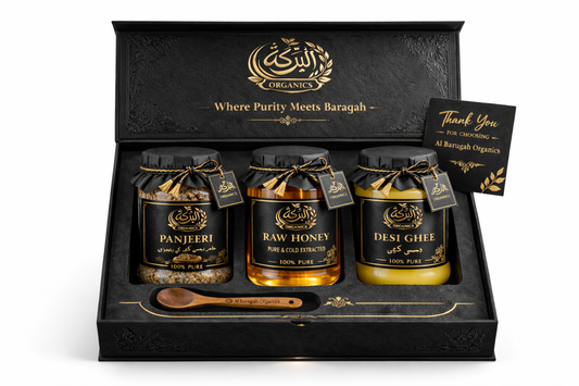 Al Baraqah Nutrition Box  Includes: Raw Honey + Desi Ghee + Panjeeri